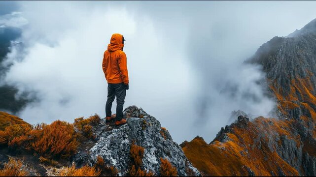 Exposed, narrow ledge on Mount Ossa, Tasmania, hiker rain jacket wind whipping around, rocky terrain with sheer drops, intense sky above, capturing the thrill and wild nature Tasmania&rsquo;s highest peak