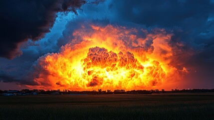 Fototapeta premium Fiery storm cloud over fields at sunset