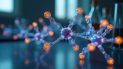 Close-up 3D rendering of a molecular model with connected atoms and bonds, set against a blurred scientific or lab background.