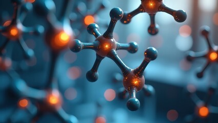 Close-up 3D rendering of a molecular model with connected atoms and bonds, set against a blurred scientific or lab background.