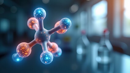 Close-up 3D rendering of a molecular model with connected atoms and bonds, set against a blurred scientific or lab background.