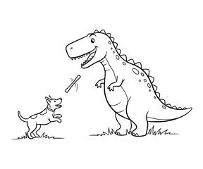 Dinosaur playing fetch with dog