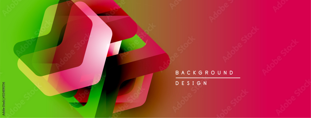 Poster Abstract geometric shapes overlap, creating vibrant color gradients. Green transitions to orange, then red. Modern design element.
