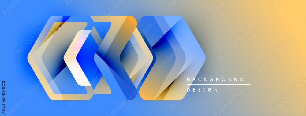 Poster Abstract geometric shapes overlap, creating dynamic visual effect. Blue, orange hues blend smoothly. Modern design element.