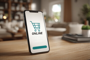 Smartphone standing upright on a desk, screen clearly displaying an 'Online Purchase Approved' message with a shopping cart logo. Background shows soft-focus living room for home-shopping theme.