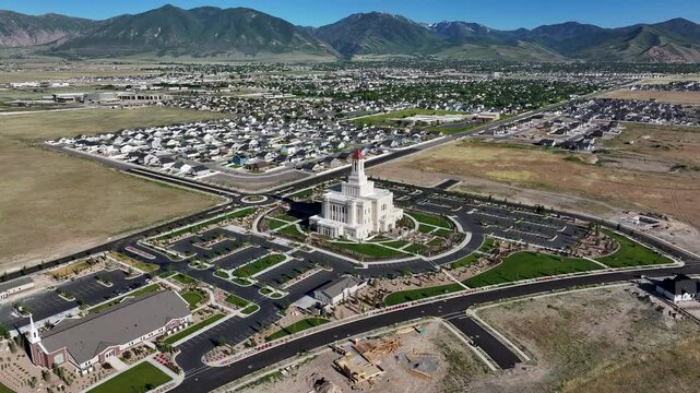 Aerial LDS Deseret Peak Tooele Utah Temple valley pull climb 2. The Church of Jesus Christ of Latter-day Saints, LDS or Mormon religion. Christian religious groups. Sacred building eternal worship.