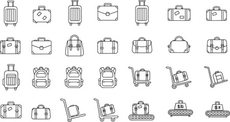 Travel luggage icon set, backpack, suitcase, trolley, airport conveyor belt, line style vector, baggage, travel equipment illustration