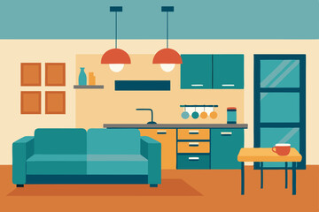 open plan living room with kitchen in the backgrou.svg