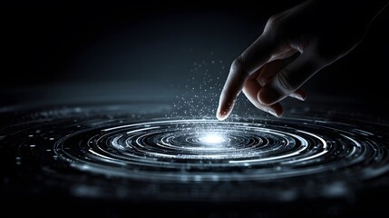 Futuristic Hand Touching Digital Water Ripple Effect in Dark Tech Environment