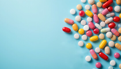 Colorful antibiotic medicine tablets and pills arranged on a soft blue background. Concept of pharmaceutical care, healthcare treatment, and medical supplies. Generative AI.