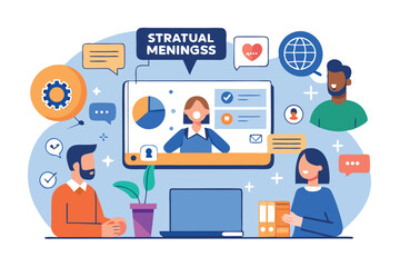 Online team collaboration during a virtual meeting focusing on data analysis and project updates in a modern workspace