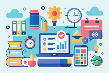 Colorful workspace illustration featuring productivity tools and stationary items