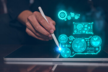 Reduce CO2 emissions and carbon footprint to limit global warming and climate change. Sustainable development and green business, man using pen working with virtual diagram showing co2 emission icon