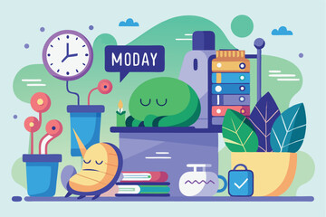 Fototapeta premium Colorful desk arrangement with plants and cute characters on a Monday morning