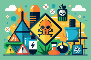 Colorful design illustrating hazardous substances and safety signs in a laboratory setting