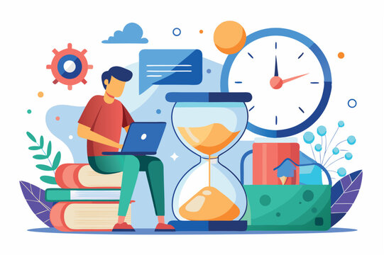 Student using laptop surrounded by books and timer for studying effectively