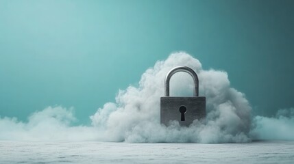 A metallic padlock emerges from a cloud, symbolizing cloud security and data protection in a digital environment.