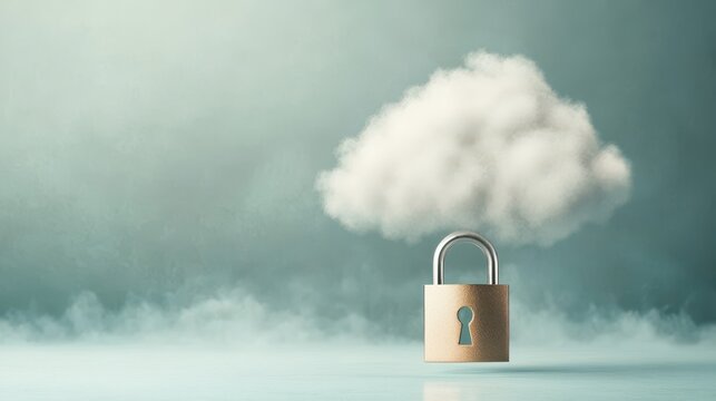 A metallic padlock is shown securing a fluffy cloud, symbolizing cloud data security and protection in a digital environment. - Powered by Adobe