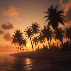 Serene Tropical Island Silhouette at Sunset: Vibrant Orange and Pink Sky Reflecting on Calm Ocean Waters with Palm Trees in the Foreground