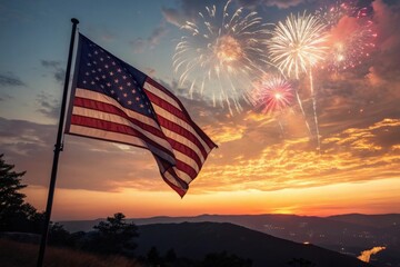American flag at sunset with fireworks display