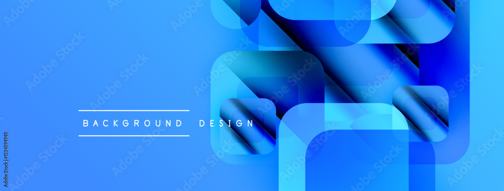 Poster Abstract blue shapes overlap creating dynamic gradient effect. Modern design elements suggest technology, innovation. Background includes text labels.