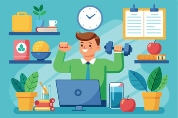 Motivated man in office workout setting with plants