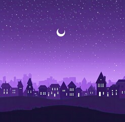 Naklejka premium Night cityscape with crescent moon. Silhouettes of houses and buildings