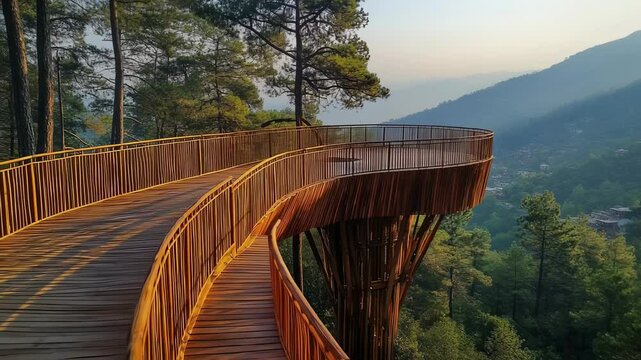 Scenic viewpoint in Murree Pakistan with a unique wooden pathway design