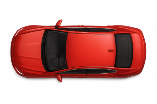Capturing a top view of a generic red sedan car parked on a transparent background, highlighting its modern design and sleek style