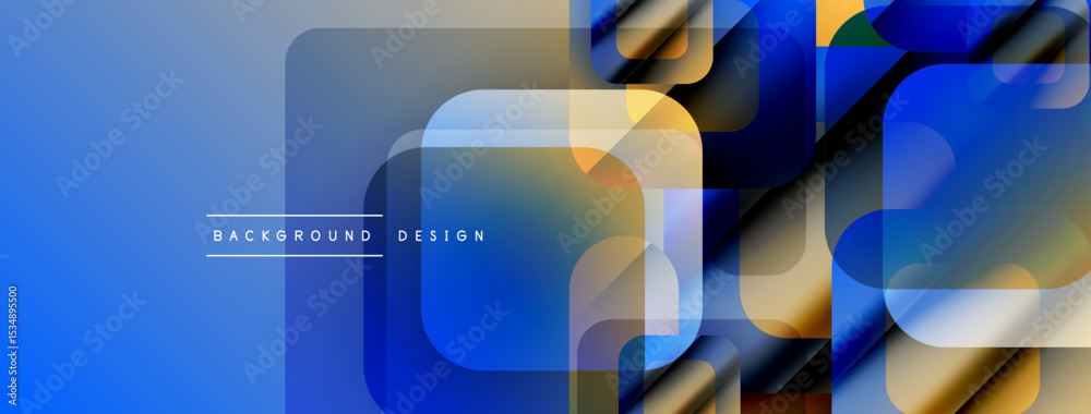 Poster Abstract blue background features overlapping squares, rectangles. Gradient colors create modern, dynamic visual effect. Text reads background design.