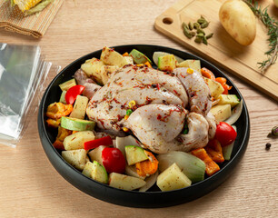 Whole marinated raw chicken ready for oven bag method.