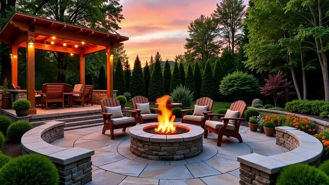 Serene Sunset Backyard Oasis Featuring Fire Pit Patio Design Landscape Architecture