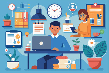 Workspace environment featuring a man using a laptop with plants and decorations