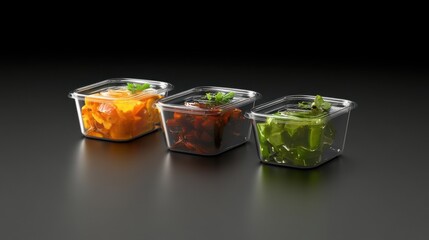 Three plastic containers filled with colorful chopped vegetables, garnished with herbs, placed on a black surface.