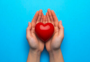Obraz premium An image of a pair of hands gently holding a bright red heart on a soft light blue background, symbolizing love, care, healthcare, compassion, and community support,