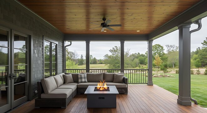 A luxurious and inviting covered back porch designed as a sophisticated outdoor living room. A large, comfortable sectional sofa with plush cushions is arranged around a modern gas fire pit table, whi