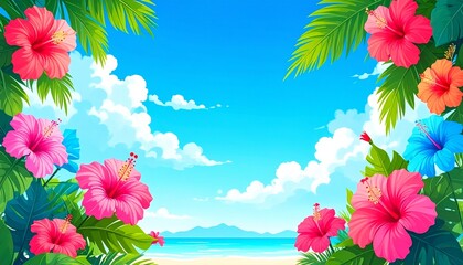 Obraz na płótnie Canvas ハイビスカスと夏の南国ビーチのフレーム素材5