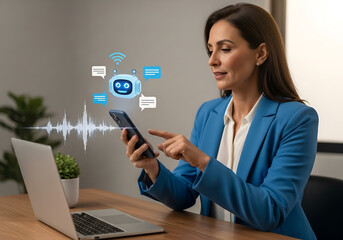 Businesswoman Uses AI Chatbot On Mobile Phone For Efficient Communication