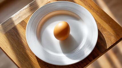 Single brown egg centered on a white plate with ridged edges, placed on a wooden surface under natural light.