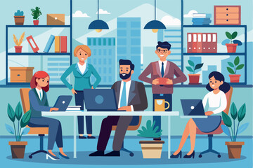 Team collaboration in a modern office setting during daytime with plants and supplies