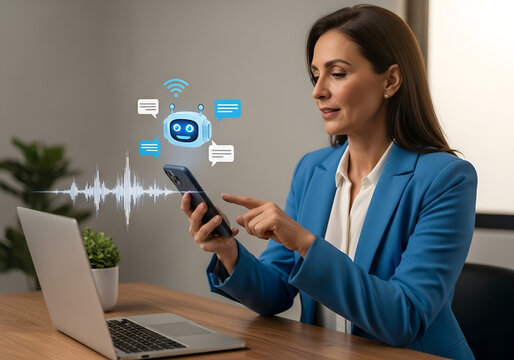 Businesswoman Uses AI Chatbot On Mobile Phone For Efficient Communication - Powered by Adobe