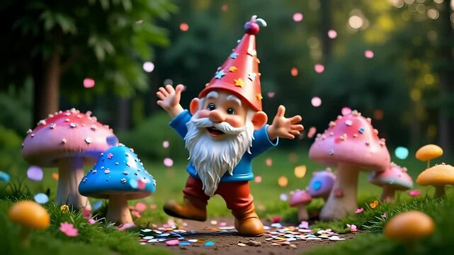 Joyful Gnome Dancing in a Magical Garden with Glowing Birthday Mushrooms and Confetti for a Whimsical Celebration