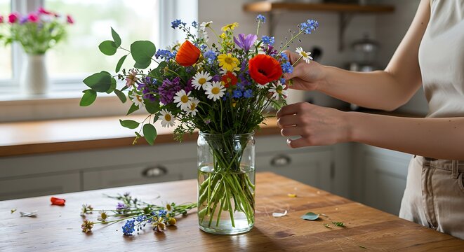 A woman's hands are seen artfully arranging a vibrant bouquet of fresh wildflowers, including bright red poppies and daisies, in a clear glass vase. 