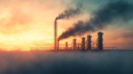 An industrial facility emits black smoke into the sky during sunrise, with fog covering the ground.