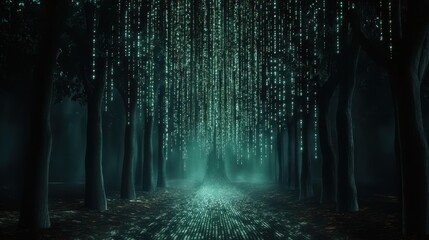 Obraz premium A digital forest scene with glowing binary code streams cascading from tree branches, evoking a futuristic, virtual reality atmosphere.