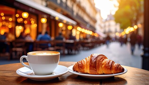 A cozy café scene in Paris featuring a cup of coffee and a croissant on a wooden table