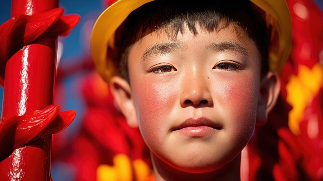 Young Constructor's Gaze: A young construction worker, with a confident gaze, wears a yellow helmet and is surrounded by vibrant red structures, reflecting the bright light.