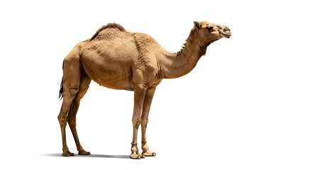 A majestic full-length portrait of a Dromedary camel, also known as the Arabian camel, standing in a proud side profile. 