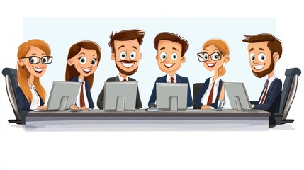 Cartoon group video conference meeting with happy faces on screens, remote business team