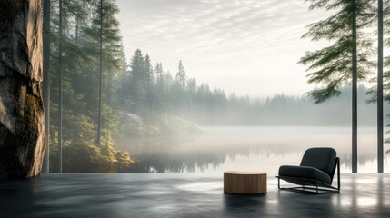 Minimalist lounge chair and table face a serene forest lake view through floor-to-ceiling windows, blending modern comfort with tranquil nature.